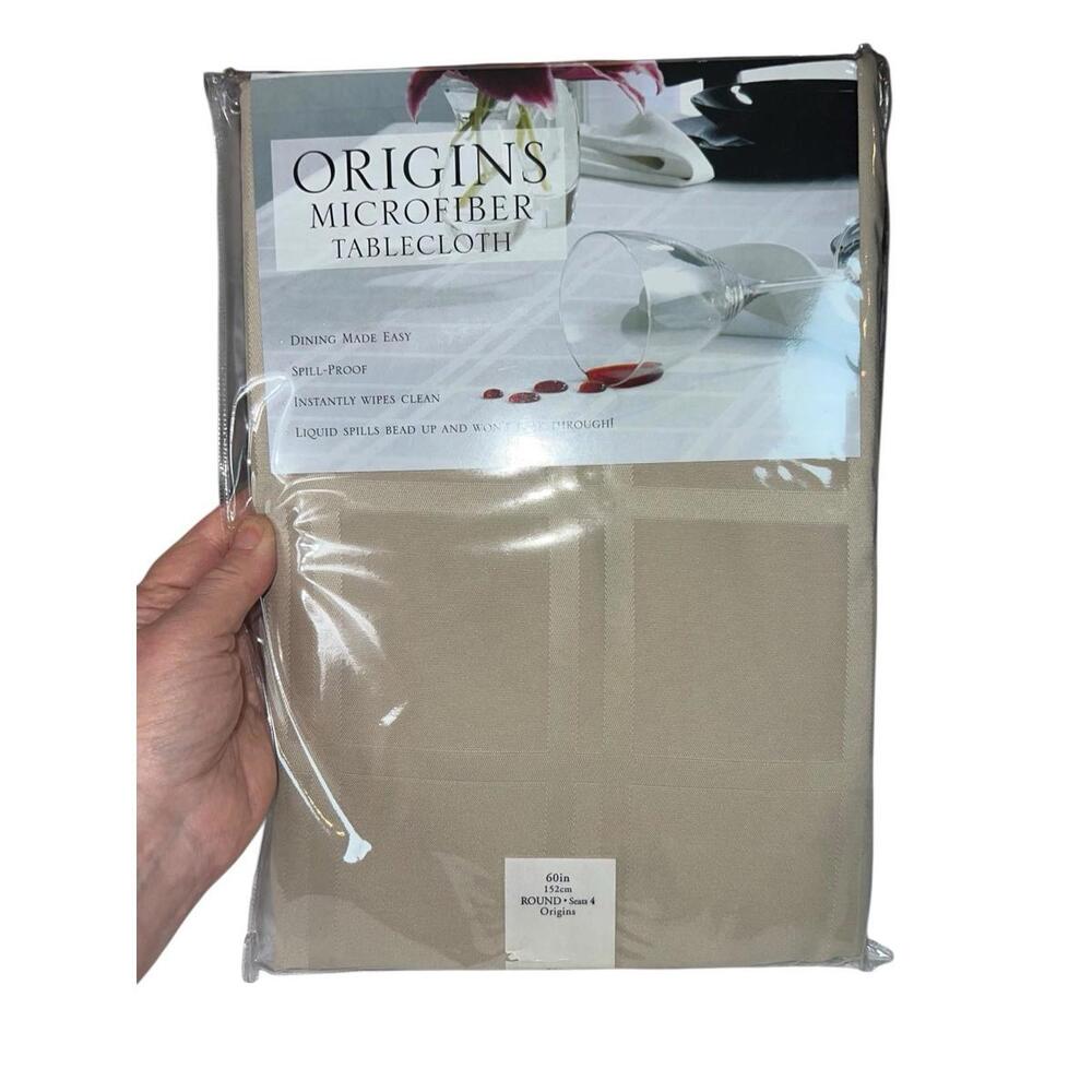 Origins NIB 60" Round Microfiber‎ Tablecloth Spill-Proof Beige Seats 4 Dining